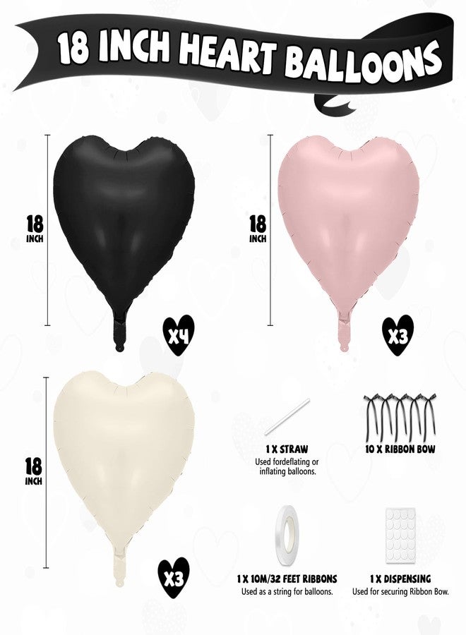Biapian Pink and Black Heart Balloons, 10 Pcs Baby Pink Cream Heart Shaped Balloon with Black Bow Ribbon, 18 Inch Pink Sand White Foil Balloons for Brithday Baby Shower Wedding Valentines Party Decoration - Image 2